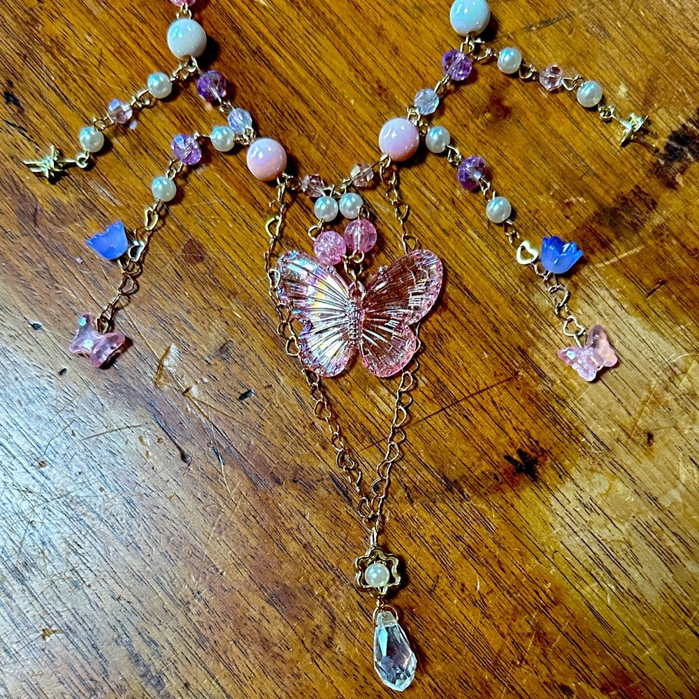 Elegant Pink Butterfly Necklace for Festival or Rave